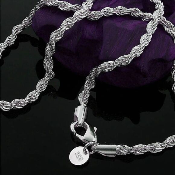 Silver 24” Twisted Rock Chain 3mm Necklace Men Or Women - Picture 4 of 6